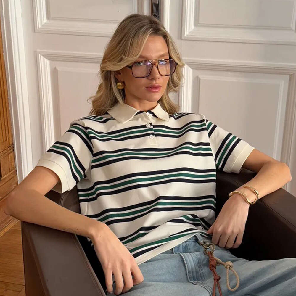 Striped T-Shirt Summer New Color Block Polo Shirt Loose Casual Short Sleeve Women B5