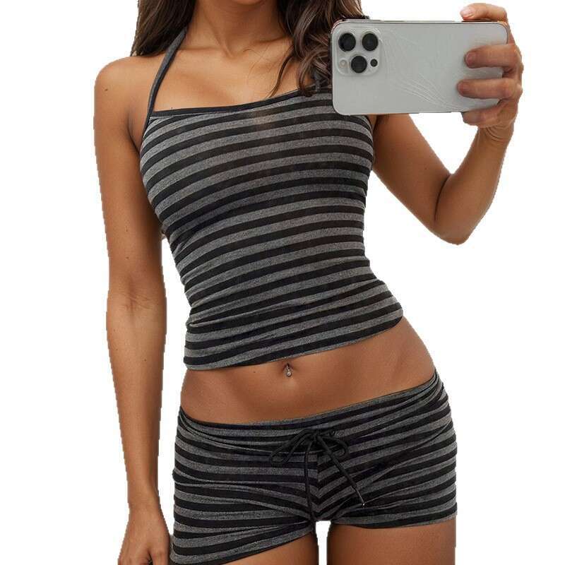American Style Sports Casual Slim Fit Hot Girl Homewear Halter Neck Strap Top Tie Shorts Striped Two-Piece Set B5