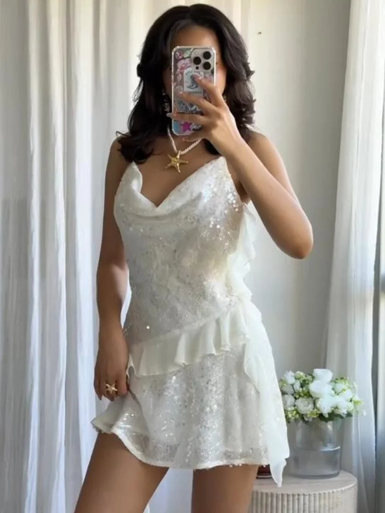 Fashion Glitter Sequin Ruffle Sling Mini Dress For Women Elegant Sleeveless Backless Short Suspender Dress Summer Party Vestidos 250715