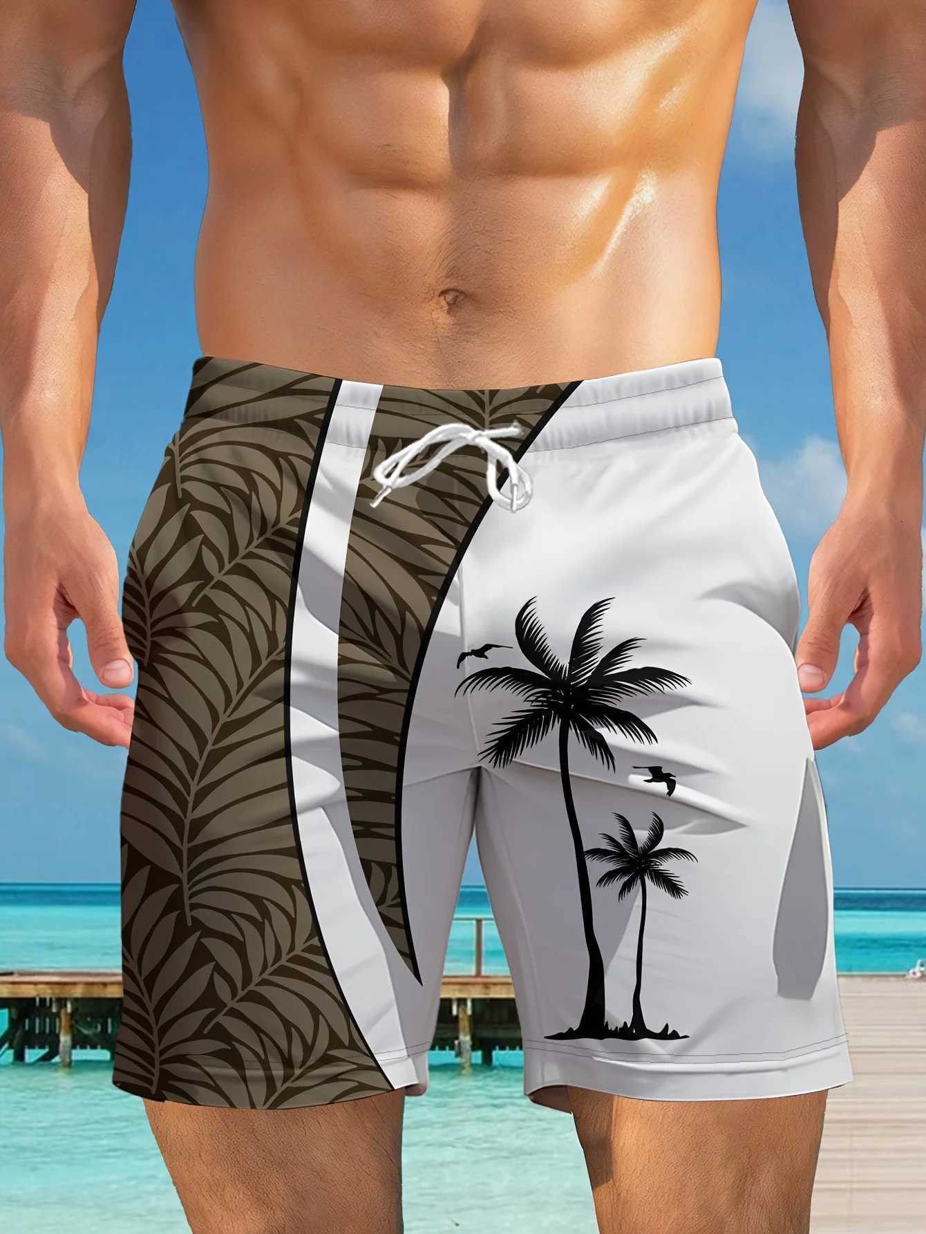 Mens Casual Elastic Waist Beach Shorts Geometric Palm Tree Print - Lightweight Quick-Drying Swim Trunks Side Pockets W250718