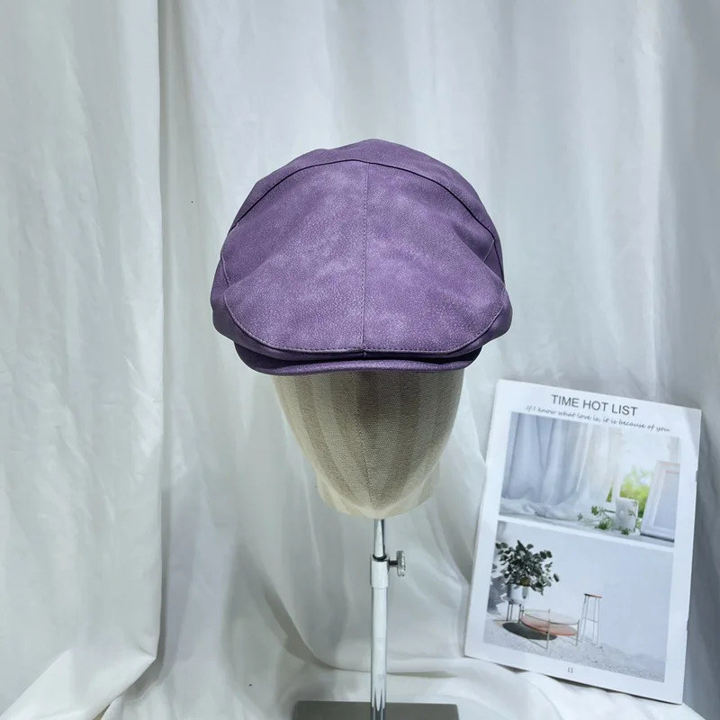 Japanese Retro PU Leather Literary Forward Hats for Men and Women Autumn Outing Casual Versatile Niche Purple Berets Cap 250712