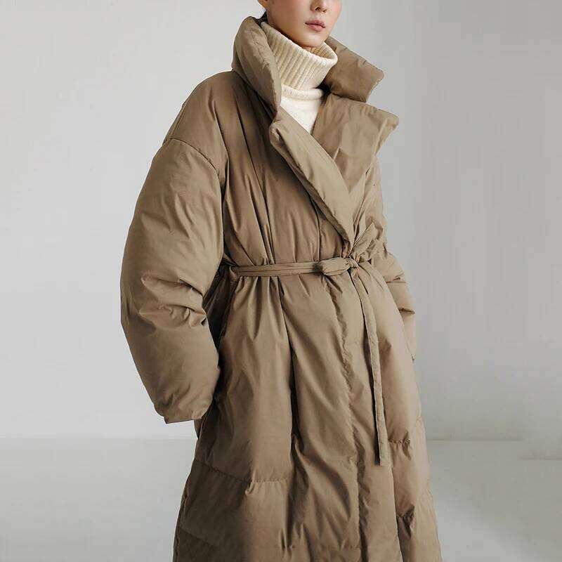 Winter New Stand Collar Jackets Loose Belt Long Sleeve Coat Fashion Solid Cotton Padded Warm Down Overcoat Women MDNG