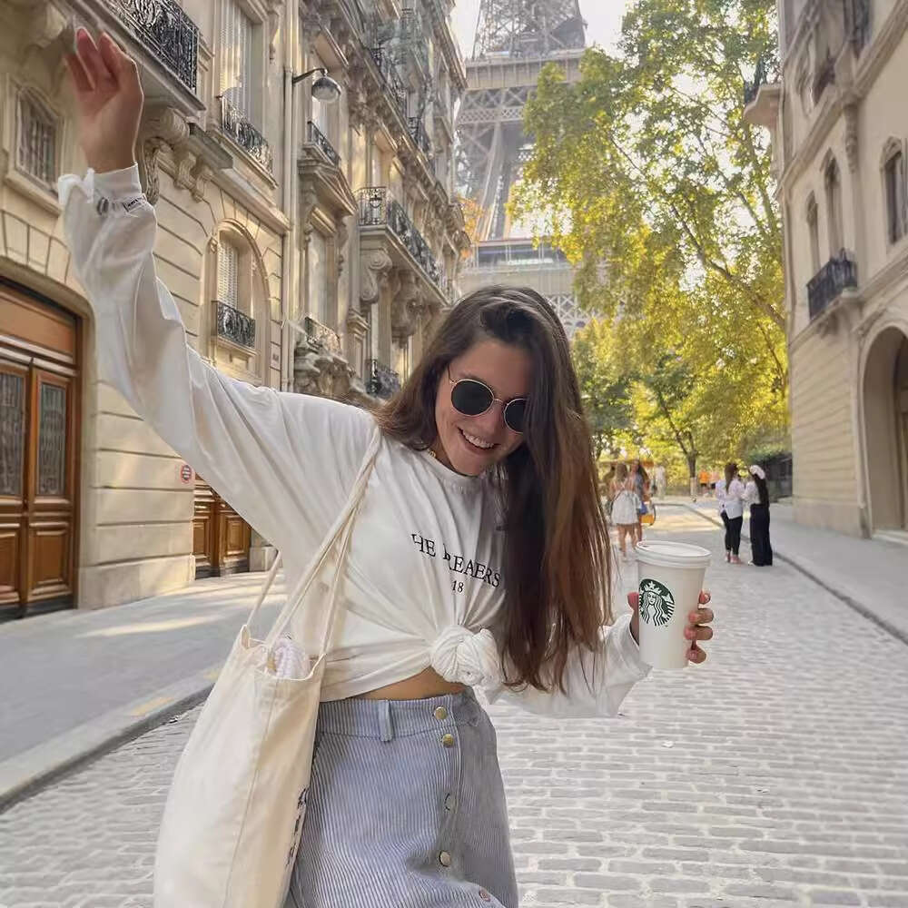 Ins Simple Style American Print Round Neck T-Shirt For Women, Pure Cotton Long Sleeve With Ribbed Cuffs, Loose Top, New B5