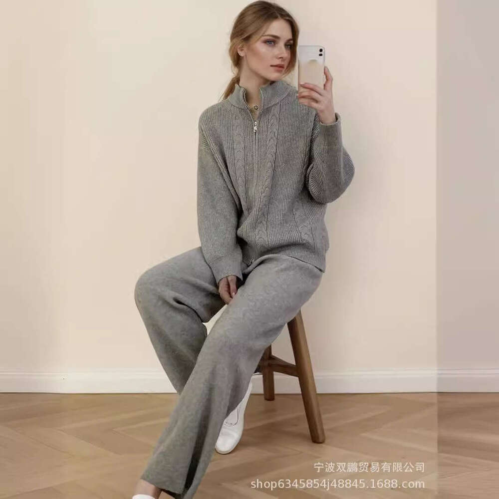 Autumn Winter New Loose Knitted Suit For Women With Zipper Cardigan Sweater + Wide-Leg Pants B5