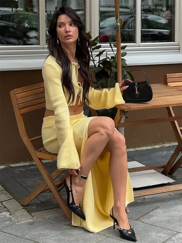 Tossy Summer Casual Holiday Outfits Female Hollow Out Lace-Up Knit 2 Piece-Set Beach Clothes Women Knitwear Long Skirt Sets 2025 250715