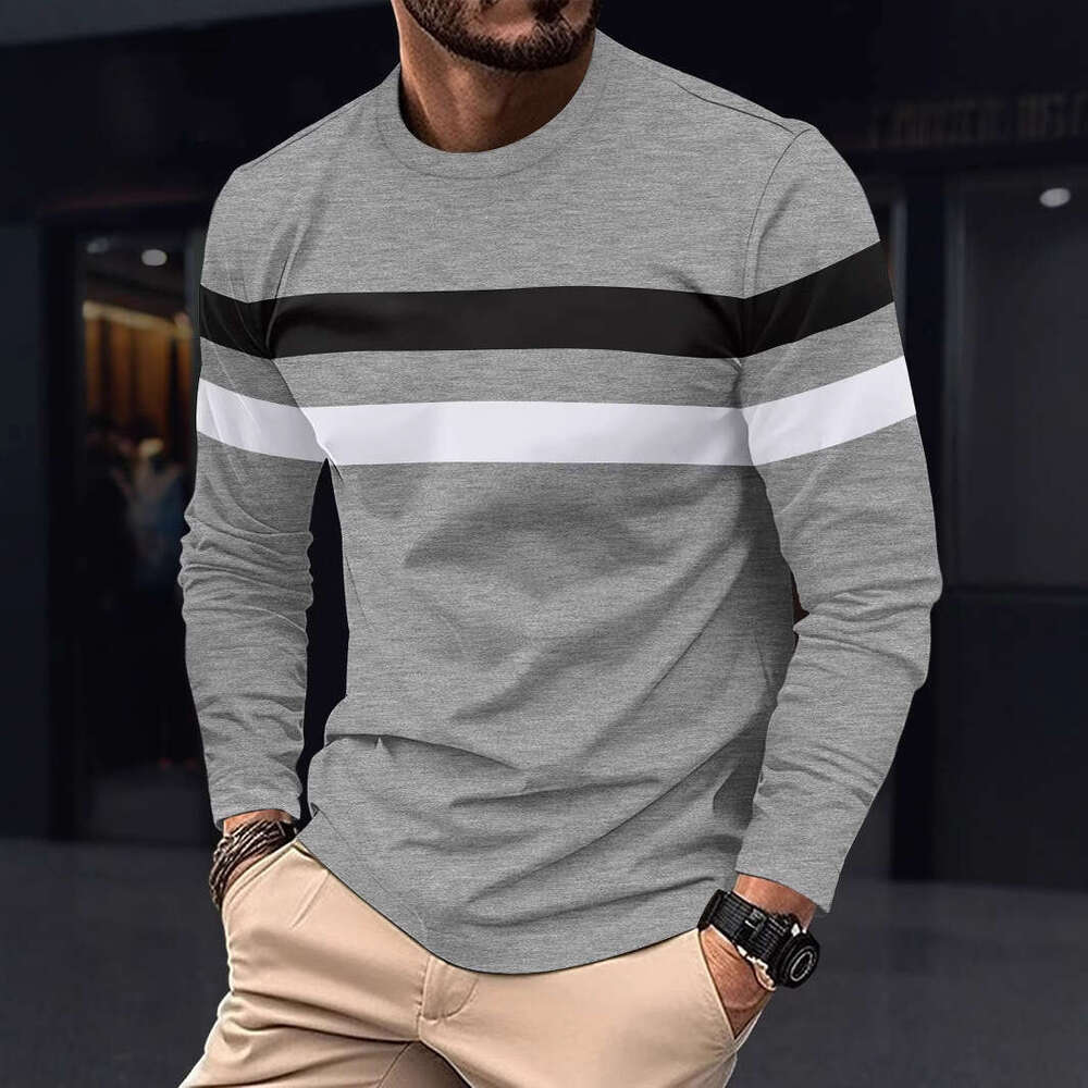 Spring And Autumn Men's Long Sleeve New Color Block T-Shirt Trendy Casual Sports Outerwear Crew Neck Base Shirt Top B5