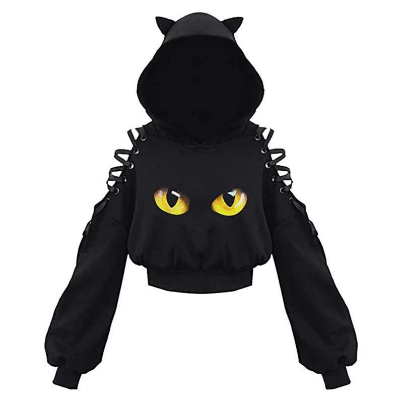 2K Gothic Womens Hoodie Cat Ear Crop Top Hooded Sweatshirt Hollow Out Lace Up Long Sleeve Hooded Casual Pullover Autumn XJ250717