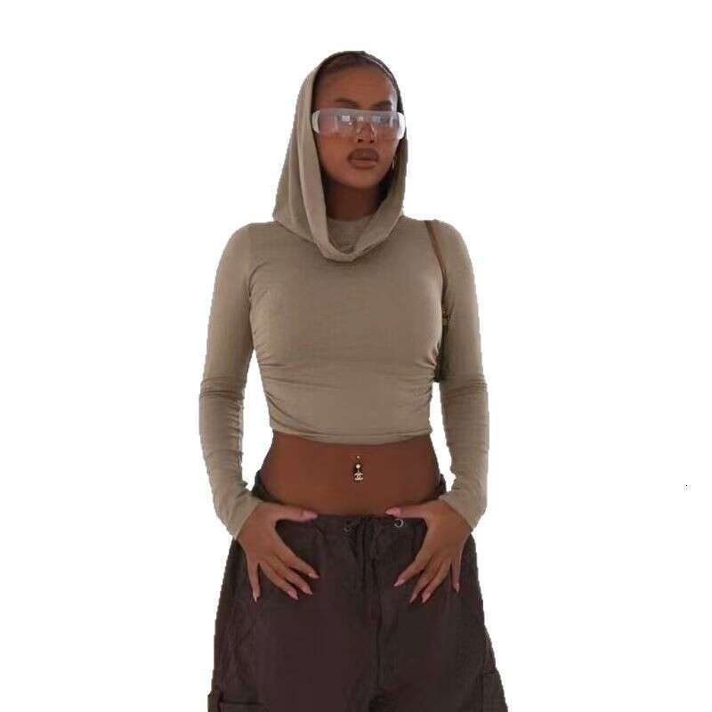 Autumn Basic Hooded Pile Collar Ruched Base Shirt Slim Fit Long Sleeve Cropped Solid Color Wasteland Style Top B5 g7