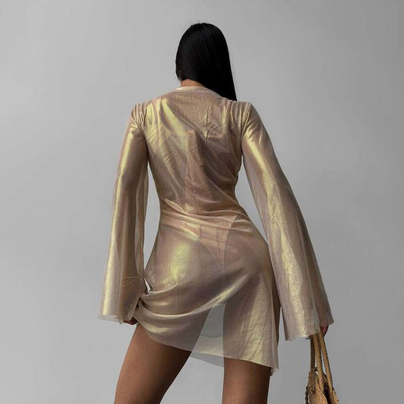 Autumn New Style Mesh Gold Stamping Fashionable Elegant Sheer Flared Long Sleeve Sexy Dress B5 g7