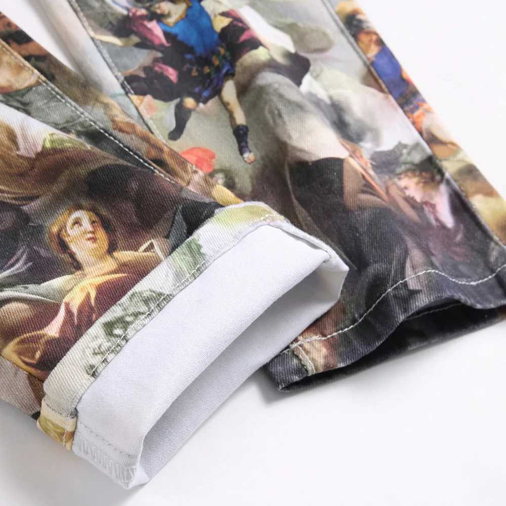 Men Classical Painting Print Jeans Fashion Angel Immortal Stretch Pants Slim Tapered Denim Trousers X2507181
