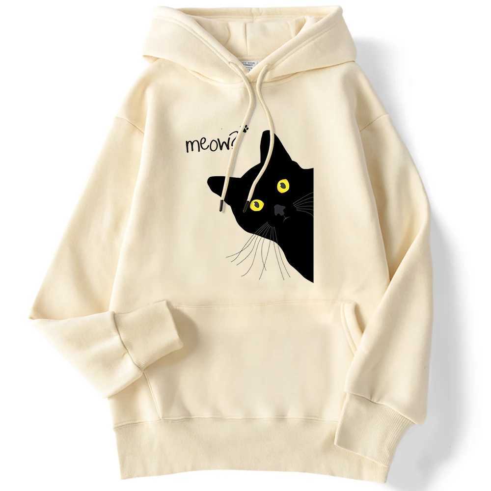 Winter Women Hoodies Meow Black Cat Printed Pullover Pocket Drop Sweatshirt Breathable Loose Sweatshirts Cute Ladies Clothes XJ250717