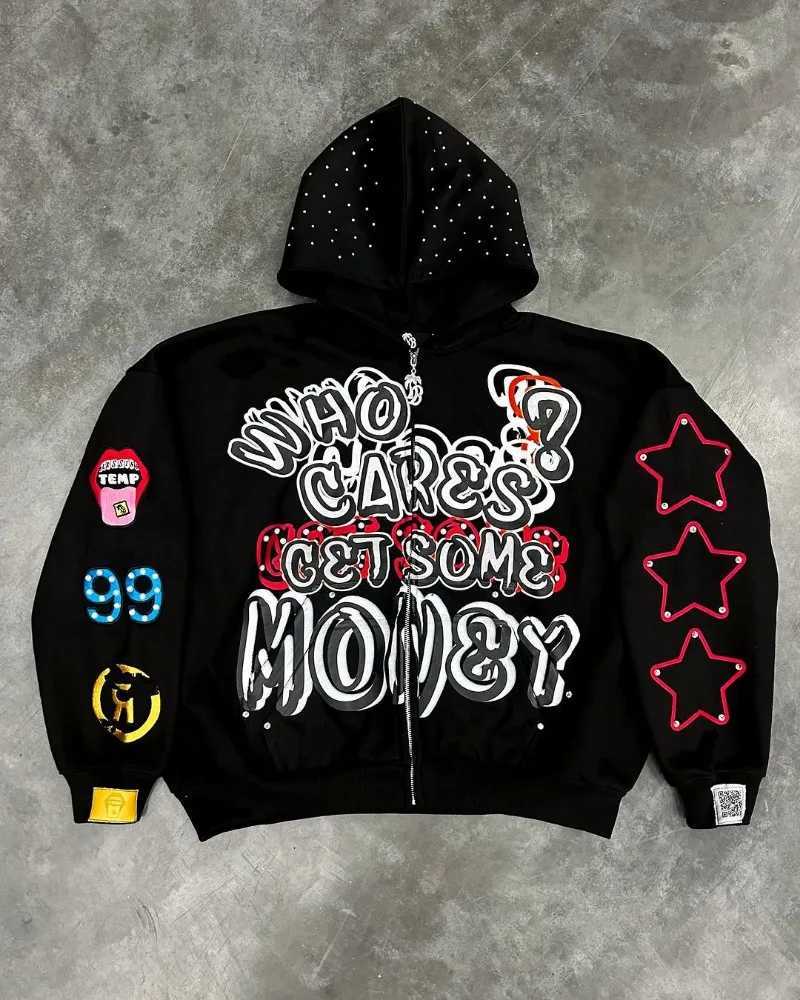 American Trendy Brands High Street Loose Casual Cartoon Printed Zipper Hoodie Men Y2k Hip-hop Rock Oversized Sweatshirt Women X2507181