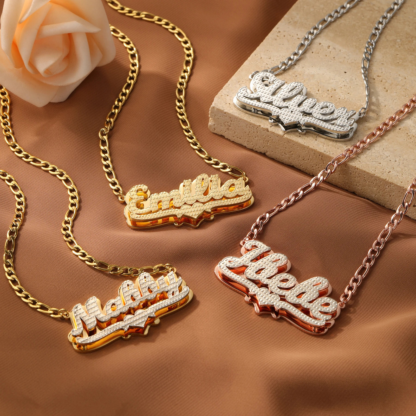3D Custom Nameplate Necklace 18K Gold Plated Double Layer Two-Tone Personalized Name Necklaces With Heart Figaro Chain For Women 250717