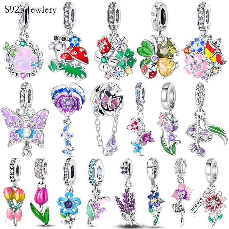 S925 925 Sterling Silver wers Butterfly Creative Garden Mushroom Snail Charms Beads Fit Original Bracelets DIY Jewelry