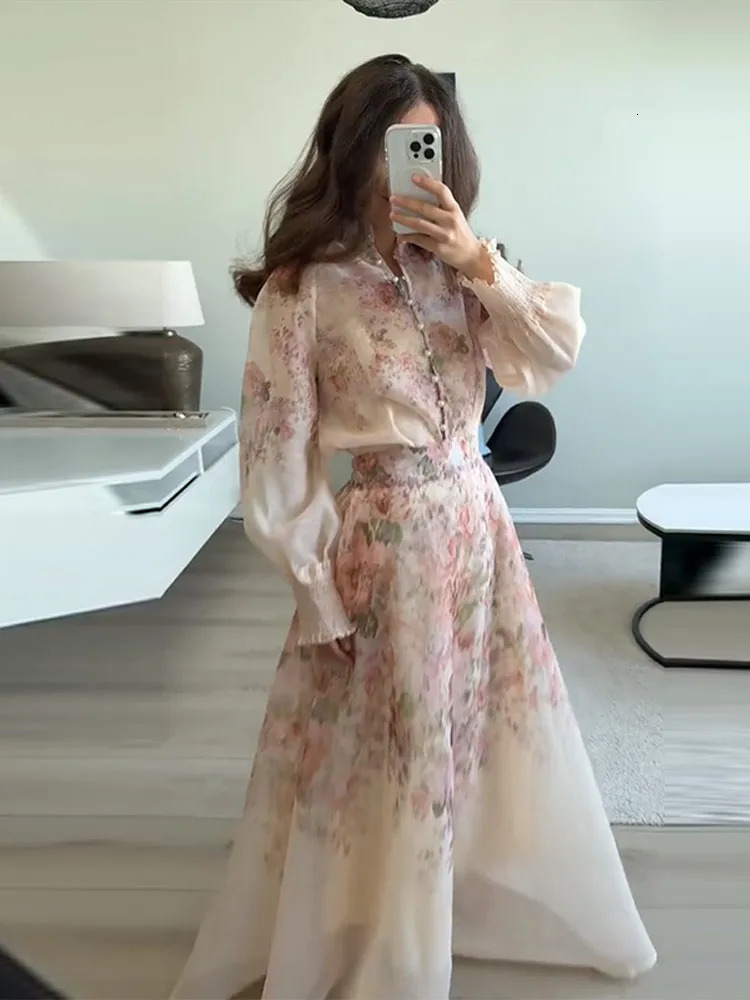 Elegant Womens Floral Maxi Skirt Set Chiffon 2 Piece Suit LongSleeve HighNeck Top Matching Skirts Summer Streetwear 250714