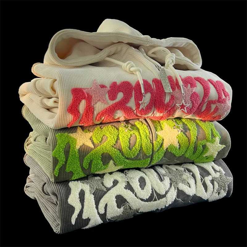 American Vintage Goth Corduroy Zip Up Hoodies For Men Hip Hop Fashion Foam Print Jacket Womens Y2K Streetwear Sweatshirts XJ250714