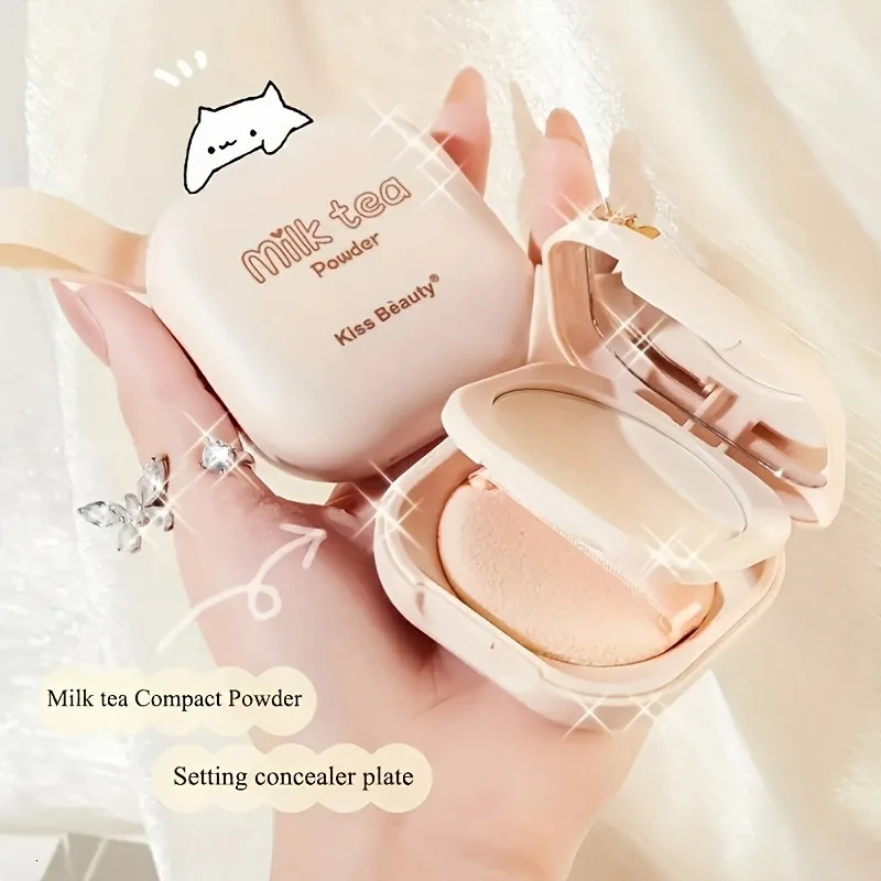 Milk Tea Waterproof Compact Powder - Full Coverage Contour and Concealer Matte Finish Double-Layer Portable Setting Powder 250716