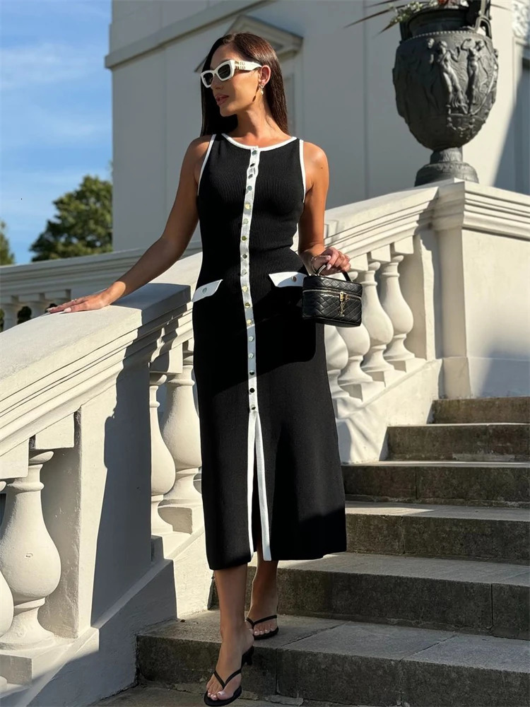 Knit Ribbed Cardigan Maxi Dress Female High Waist Slim Pocket Sleeveless Elegant Party Dress Womens Knitwear Long Dress 250715