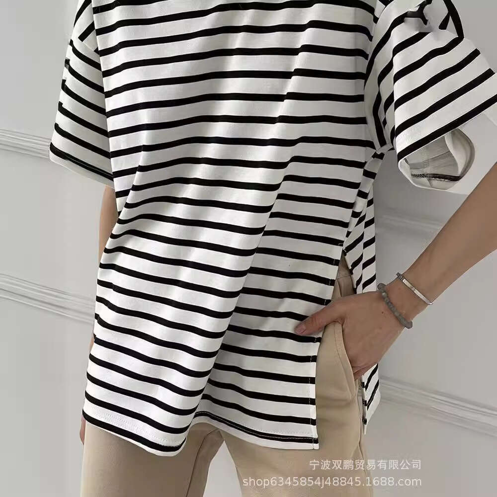 Spring Summer Casual Pure Cotton Striped T-Shirt For Women Loose Fit Versatile Split Long Sleeve Top Style B5