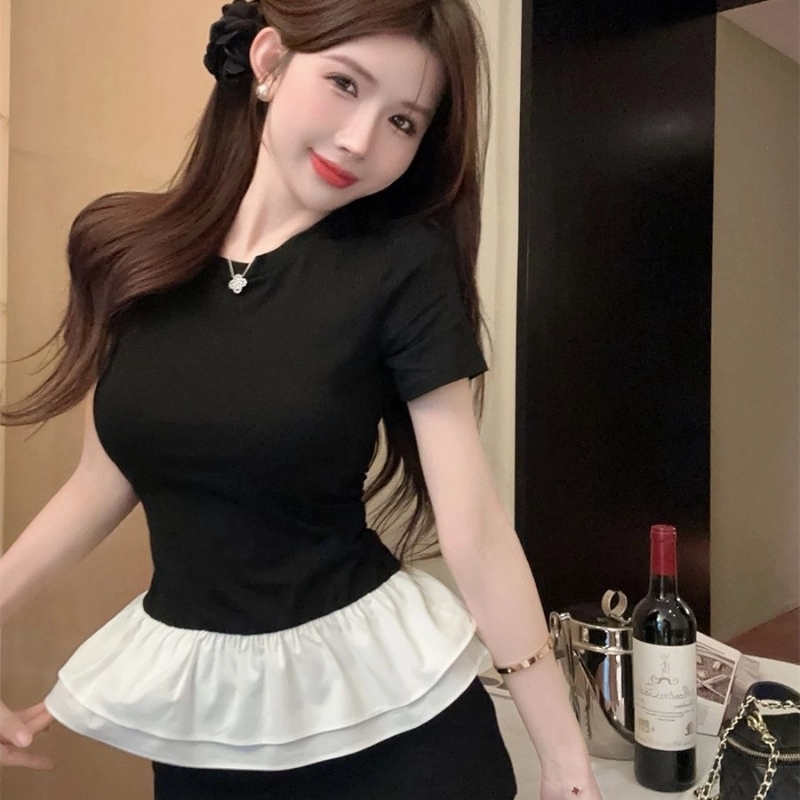Ruffles Two Piece Short Sleeve Korean Tops Summer Slim Solid Cute Sweet TShirts Fashion Temperament Trend Women Clothing 250703