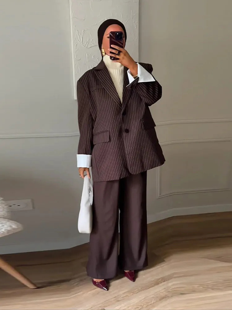 Loose Stripe Blazer Women V Neck Fold Cuffs Long Sleeves Shoulder Pad Coats Female 2025 Summer Fashion Chic Oversize Outwears 250715