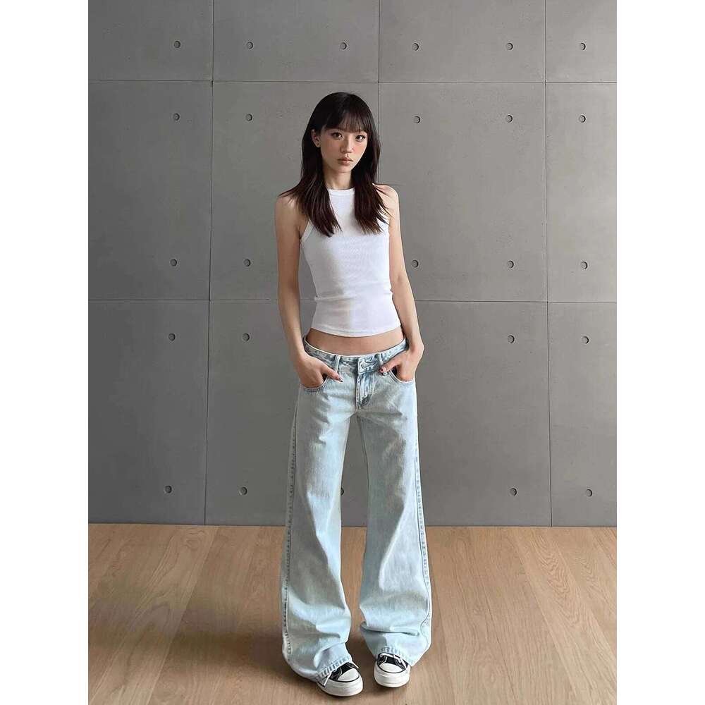 y2k Vintage Women Low Waist Zipper Button Solid Trousers with Pockets Aesthetic Streetwear Washed Jeans