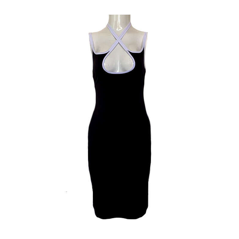 Women's Fashion Ins Style Hot Girl Pure Desire Sexy Hollow Out Halter Neck Slim Fit Elegant Bodycon Dress B5