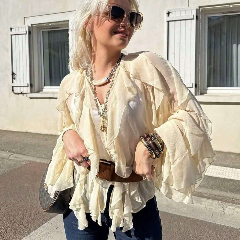 TRAFZA Spring Summer Women's V-Neck Layered Decorative Versatile Long Sleeve Shirt Pullover Top For Women B5