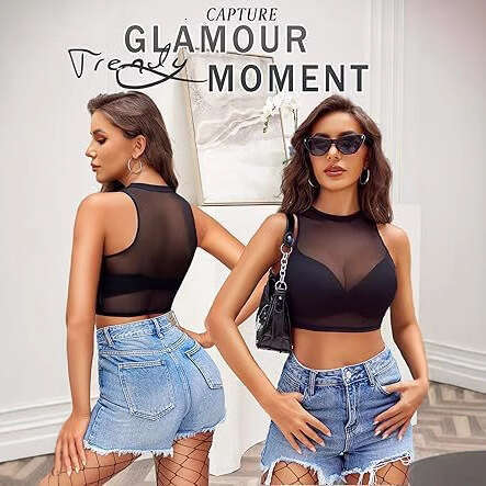 See-Through Inner Vest Base Shirt Mesh Hot Girl Style Sexy Round Neck Lace B5