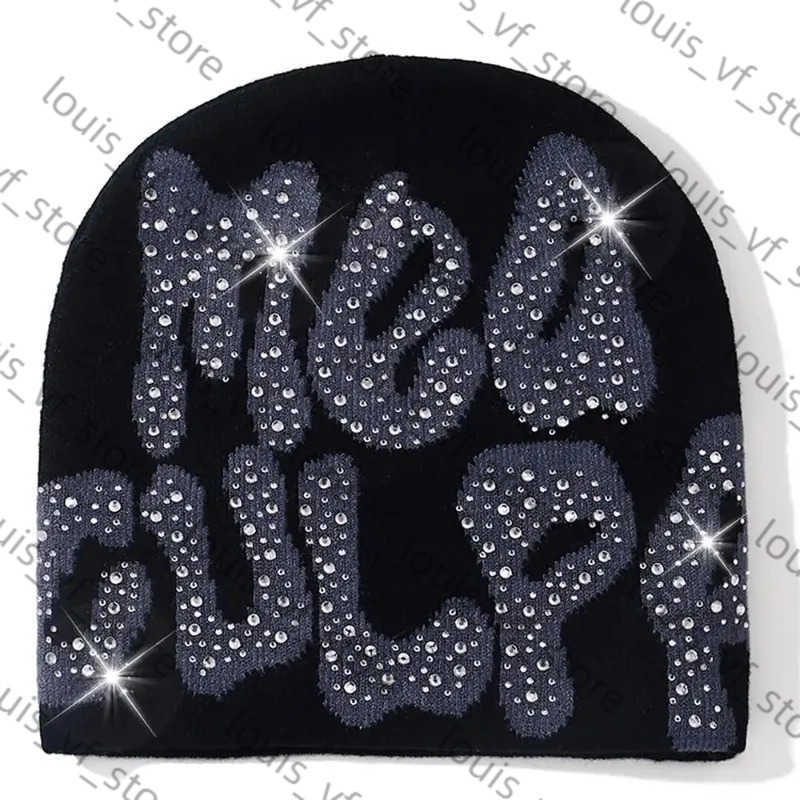 2023 NEW Y2K Culpa Beanies Hat with Rhinestone for Women Men Beanies Hats Hip-hop Soft Stretch Warm Knitted Cap H250718