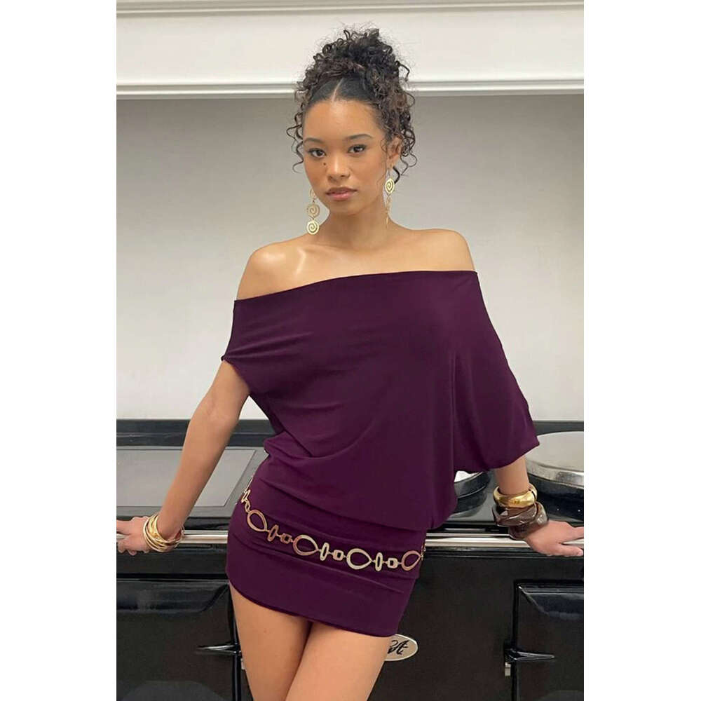 Sexy Women's Solid Color Asymmetrical Neck Two-Way Batwing Sleeve Waist-Cinching Bodycon Hot Girl Short Dress B5 g7