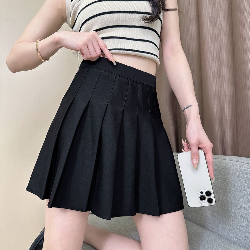 Pleated with Pockets Summer Petite Elastic High Waist Stretch Short for Women Plus Size Slimming Black Midi Skirt
