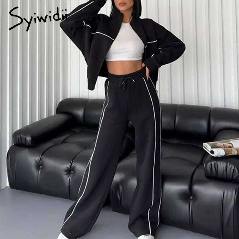 Syiwidii Women 2 Pieces Set Casual Sports Suits Long Sleeved Stand Collar Coat Drawstring Trousers 2025 New Elegant Lady Clothes MDNG
