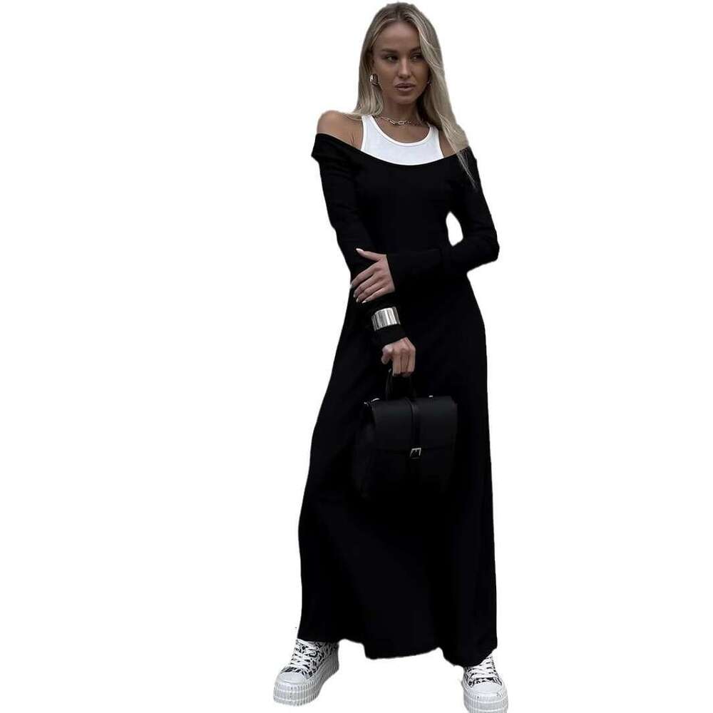 New Long Sleeve Patchwork Fake Two-Piece Vest Sexy Modal Elegant Dress B5