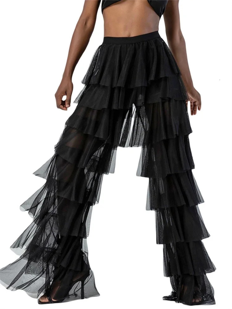 Women Wide Leg Pants High Waist Layered Tulle Loose Beach Long Trousers Streetwear 250714