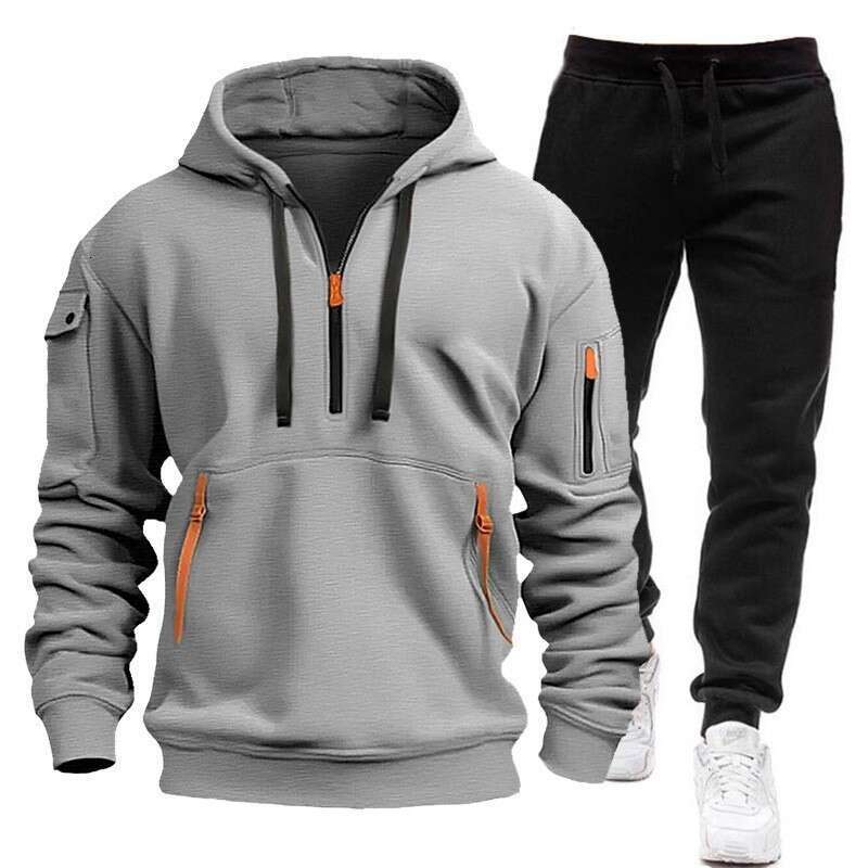 Autumn Winter Pullover Sweatshirt Zipper Multi Pocket Hoodie Sweatpants Men's Set Sports Casual Jacket B5