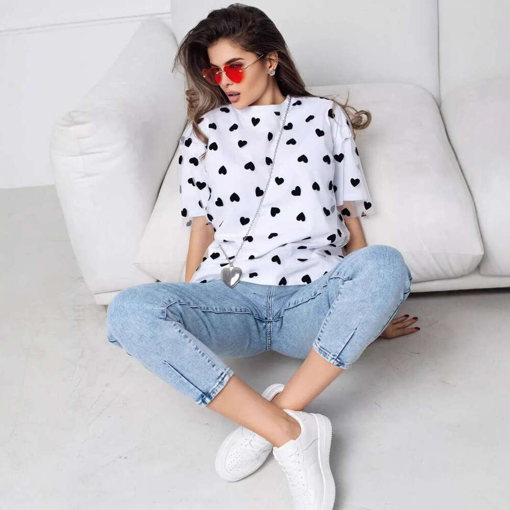 New Style Sexy Women's Heart Mesh Patchwork Loose Basic Round Neck Short Sleeve T-Shirt B5