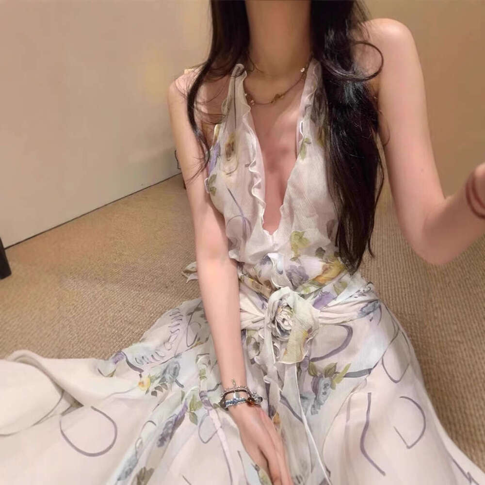 Vietnam Niche Elegant Temperament Halter Backless For Women V-Neck Floral Ruched Three-Dimensional Flower Long Dress B5