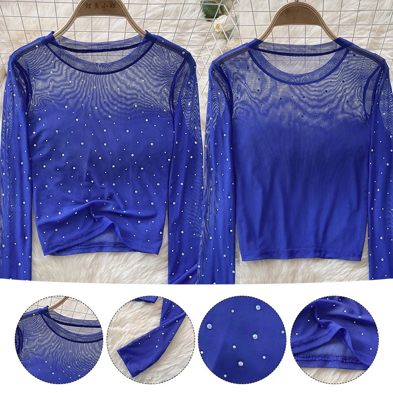 Women Chic Rhinestone Mesh Sheer Long Sleeve Crop Tops Slim Fit Sexy See Through T-shirts Fashion Party Nightclub T-shirt 250714