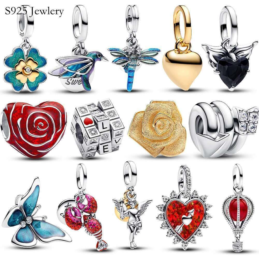 S925 New 925 Sterling Silver Gradient Blue Four-leaf Clover Blue Dragonfly Charm Fit Original Bracelet DIY Jewelry Accessories Beads