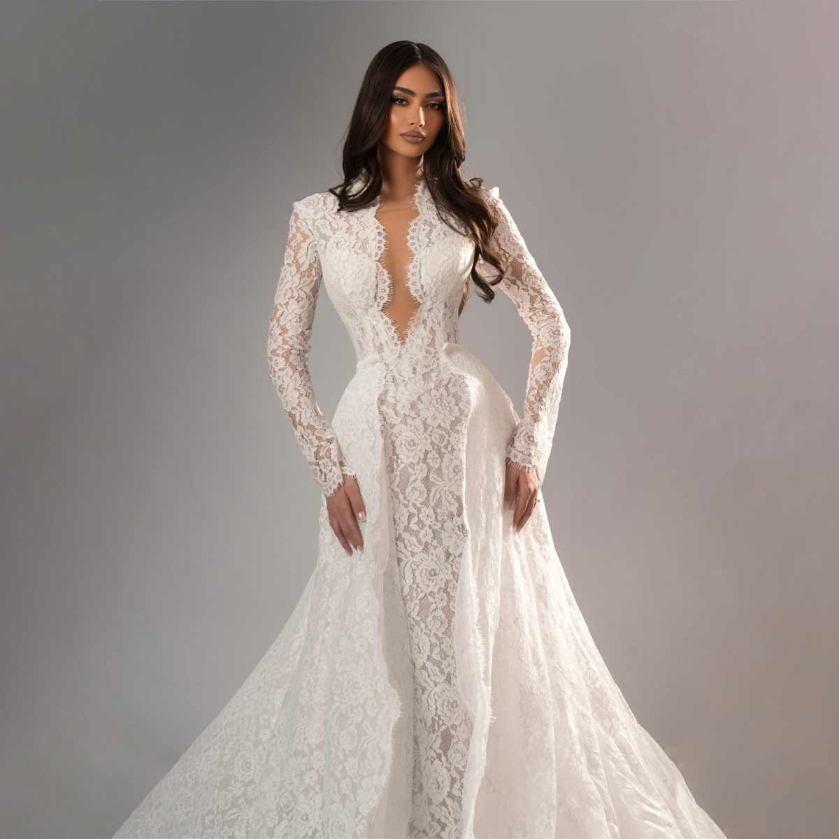 Elegant Mermaid Wedding Dress V Neck Long Sleeve High Quality Lace Bride Gowns Detachable Sweep Train Bridal Dresses Customized
