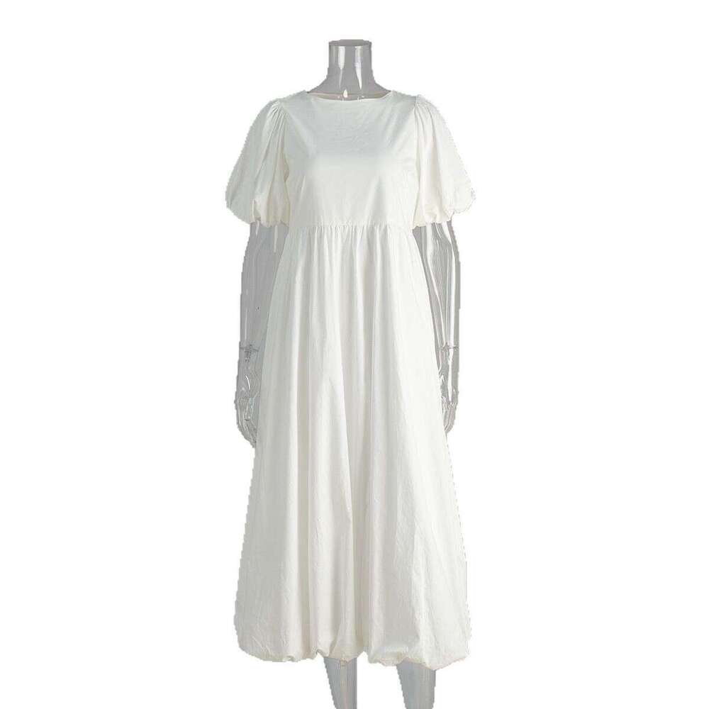 100% Cotton Round Neck Puff Sleeve Spring Summer New Solid Color Loose Casual Dress For Women B5