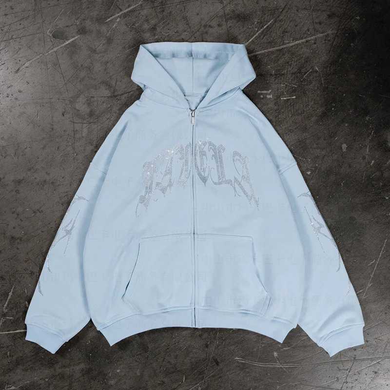 2K Rhinestone Skeleton Hoodies Men Gothic Black Zip Up Oversized Sweatshirts Female Retro Harajuku Hooded Jacket Streetwear X250718