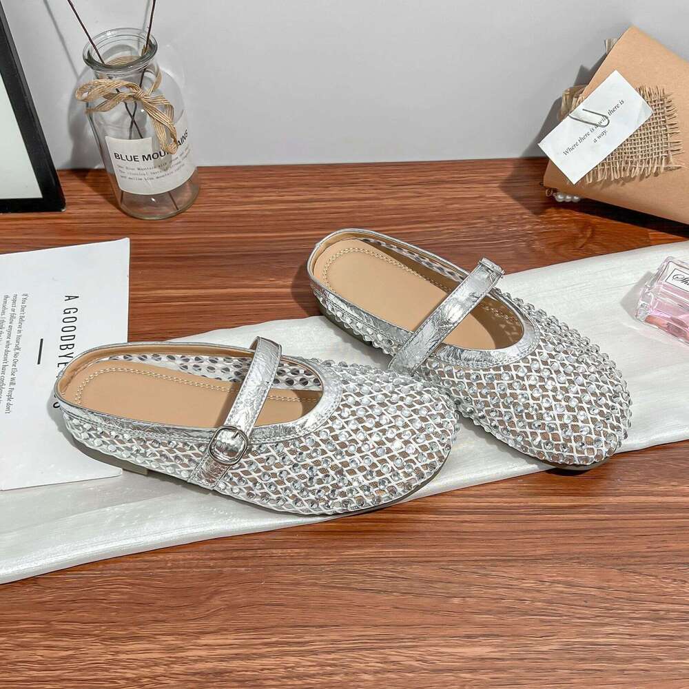Su Yinyin Fairy Style Flowing Light Mesh Rhinestone Breathable Buckle Strap Closed-Toe Vacation for Women Half Slippers Summer Outdoor Wear