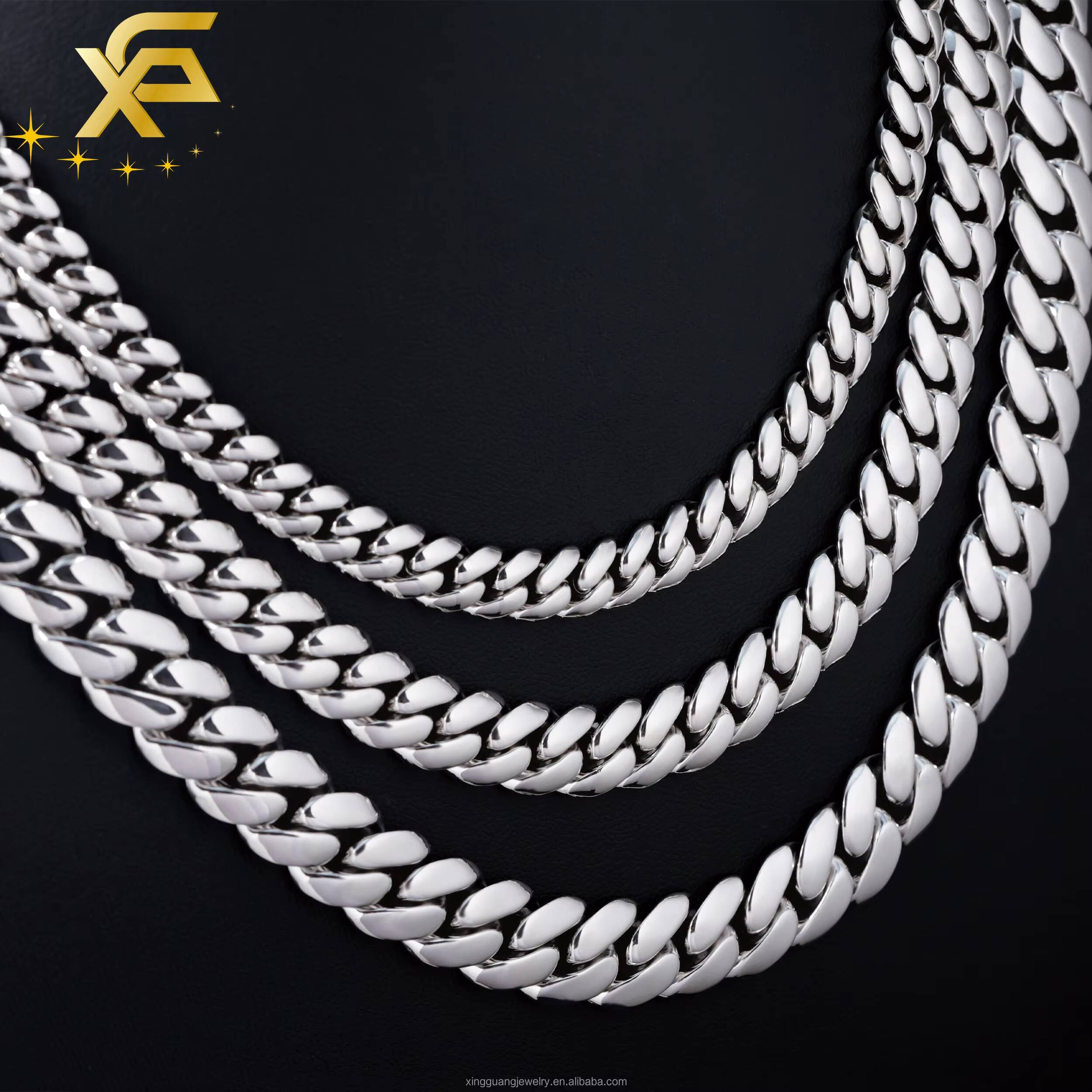 Hot VVS Moissanite Lock Spring Clasp White Gold Plated 8MM 10MM 13MM Miami Cuban Link Solid Silver Plain Chain Cuban Necklace