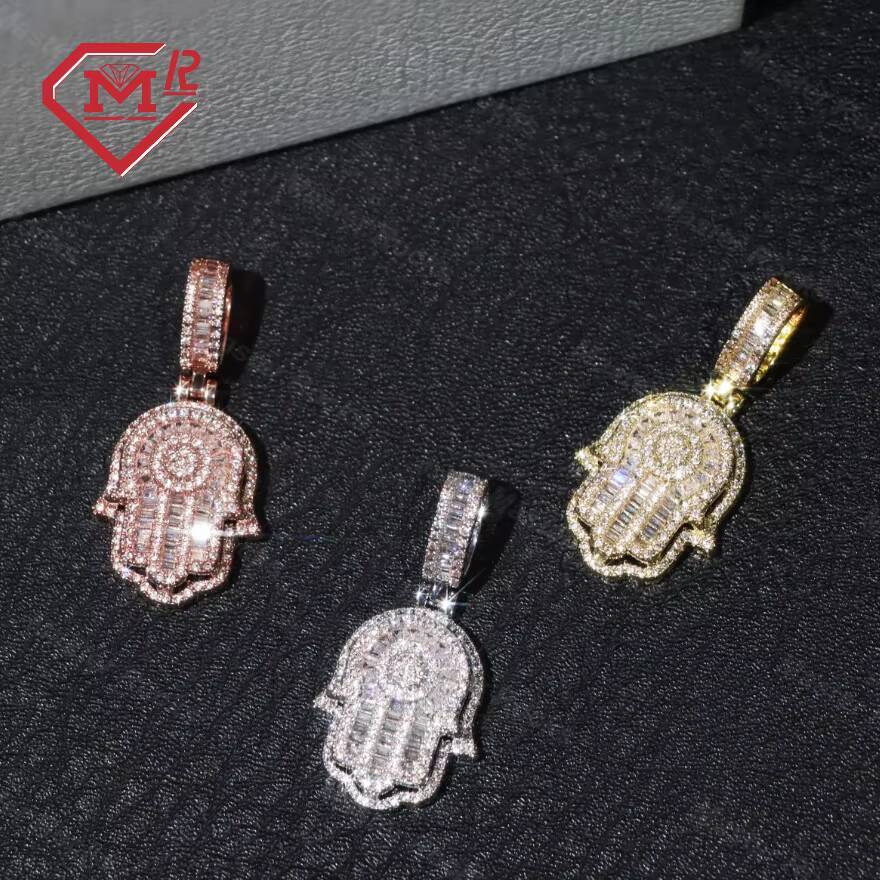 Luxury Hip Hop Jewelry 925 Sterling Silver Iced Out Baguette Diamond Pendant Mens Vvs Hamsa Pendant Moissanite