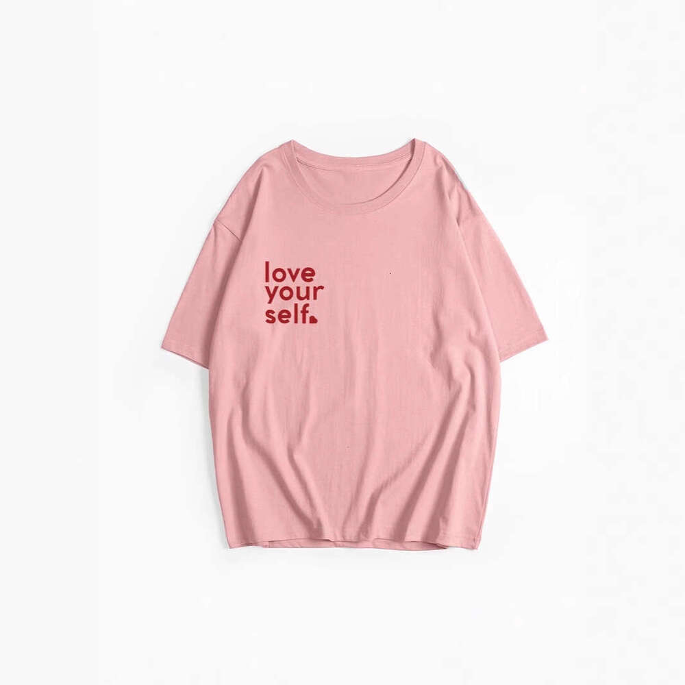 Minimalist Letter Print T-Shirt For Women, Summer Versatile Loose Round Neck Pure Cotton Short Sleeve Top B5