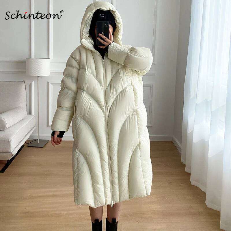 Schinteon Women White Duck Down Long Jacket With Hood Autumn Winter Warm Thick Casual Loose Outwear 2024 New Fashionable Coat MDNG