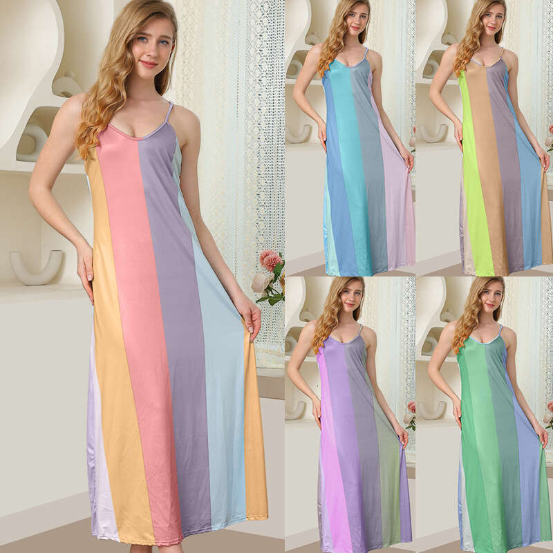 Women's Colorful Fabric Patchwork Round Neck Sweet Fresh Girl Style Long Dress Macaron B5