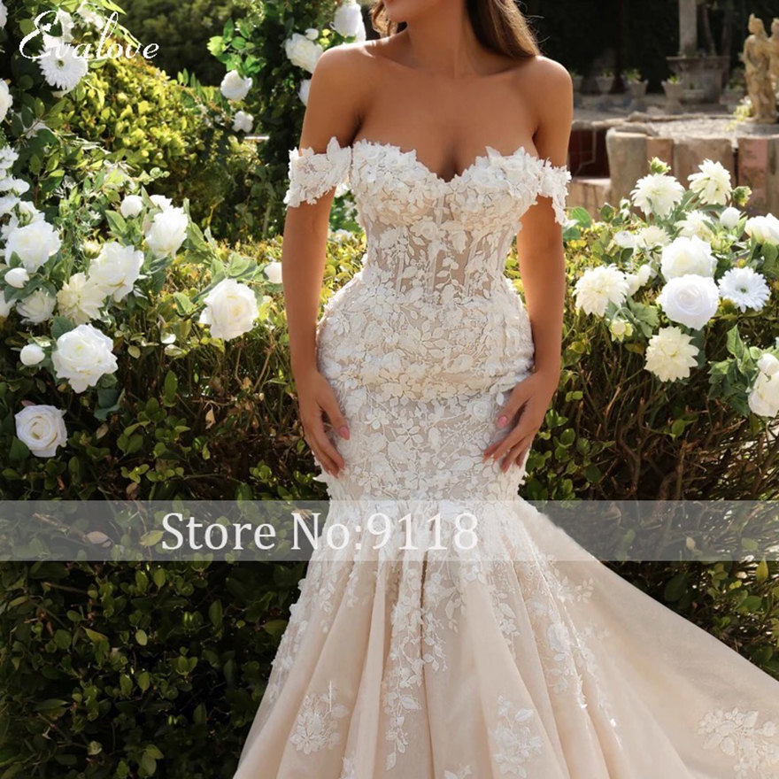 Customized Romantic Sweetheat Lace Up 3D Flowers Mermaid Wedding Dress Sexy Off-Shoulder Appliques Beading Trumpet Bridal Gown